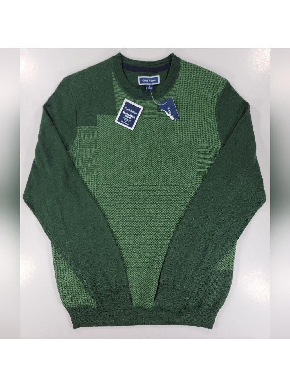 NEW Club Room Sweater Mens Small Green Pattern Merino Wool Blend Crew Neck NWT